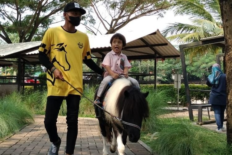 Seorang anak menunggangi kuda pony di Branchsto Equestrian Park BSD